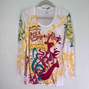 Christian Audigier Y2K Shirt Womens Medium Crystal Rock Music Note Woman Graphic